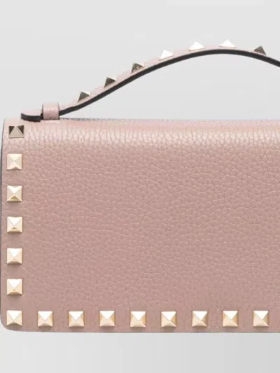 Valentino Rockstud Leather Clutch Wallet On Chain In Pink