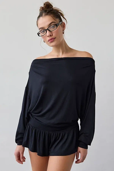 Out From Under Kiera Jersey Knit Off-the-shoulder Sleep Romper Top In Black, Women's At Urban Outfitters In Black