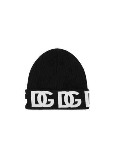 Dolce & Gabbana Cashmere Blend Ribbed Knit Logo Beanie In Black