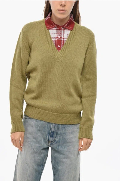 Loewe Double-layered Alpaca Blend Sweater With Polo Detail In Green