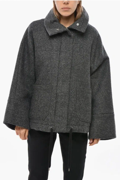 Pinko Wool Blend Forbice Short Coat With Drawstringed Bottom In Gray