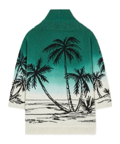 Alanui Wave Bloom Fringed Cardi-coat In Green