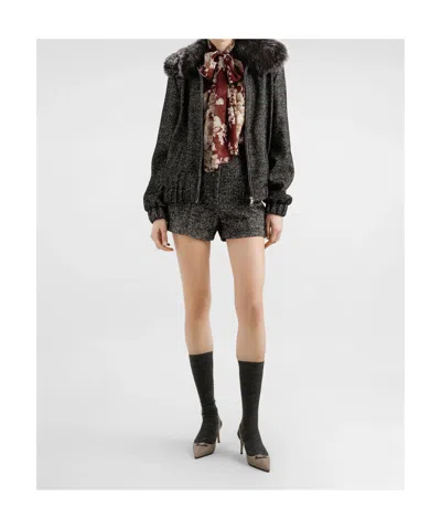 Dolce & Gabbana Herringbone Bomber Jacket Virgin Wool Blend In Black