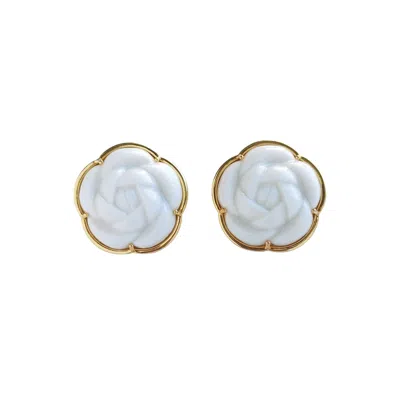 Poporcelain Women's White / Gold Porcelain Camellia Statement Clip-on Earrings In White