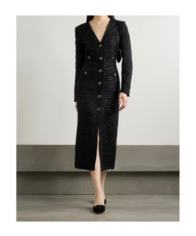 Alessandra Rich Black Sequin Tweed Midi Dress With Buttons In Black