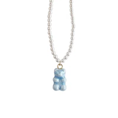 Poporcelain Women's Gold / Blue / White Baby Blue Porcelain Gummy Bear Swarovski Pearl Necklace In Metallic