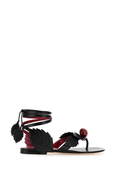 Valentino Leather Cherryfic Thong Sandals Leaf Detail In Black