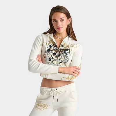 Ed Hardy Women's "love Kills Slowly" Cropped Full-zip Fleece Hoodie In White