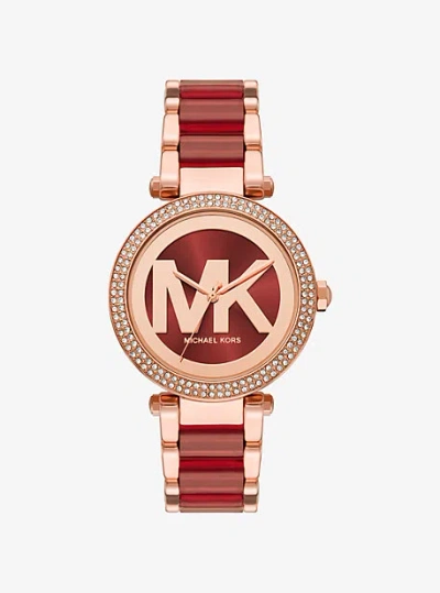Michael Kors Parker Pavé Rose Gold-tone And Acetate Watch In Red
