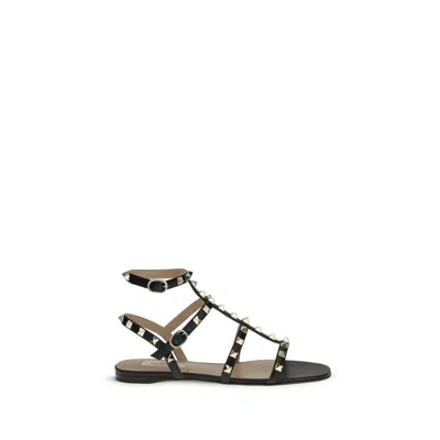 Valentino Black Calf Leather Bos Taurus Flat Sandals In Black