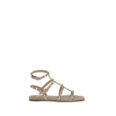Valentino Beige Calf Leather Bos Taurus Flat Sandals In Silver