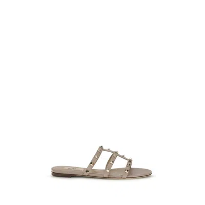 Valentino Beige Calf Leather Bos Taurus Flat Sandals In Neutral