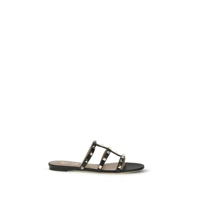 Valentino Black Calf Leather Bos Taurus Flat Sandals In Black