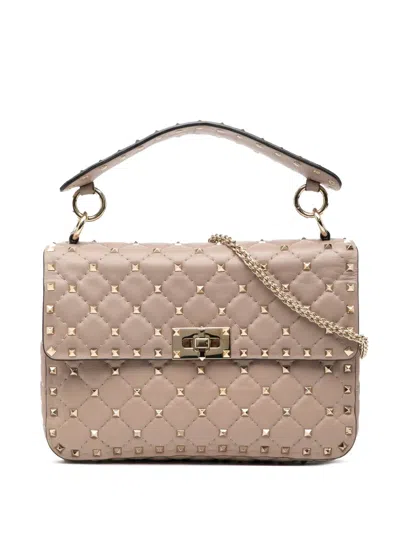 Pre-owned Valentino Garavani 2000-2017 Medium Nappa Rockstud Spike Satchel In Brown