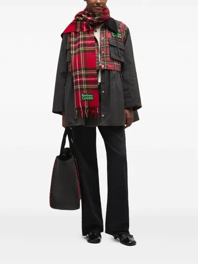 Ganni X Barbour Tartan Fringed Scarf In Red