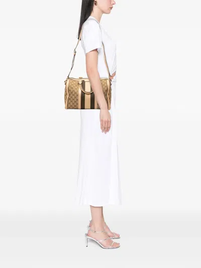 Pre-owned Gucci 2000-2015 Medium Gg Canvas Web Joy Boston Bag Satchel In Brown