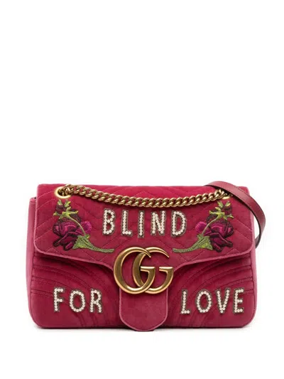Pre-owned Gucci 2016-2025 Large Gg Marmont Matelasse Velvet Embroidered Blind For Love Shoulder Bag In Pink