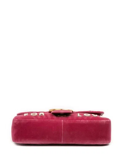 Pre-owned Gucci 2016-2025 Large Gg Marmont Matelasse Velvet Embroidered Blind For Love Shoulder Bag In Pink