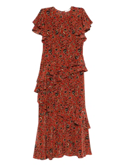 Ulla Johnson Amaia Ruffled Floral Midi Dress In Brown