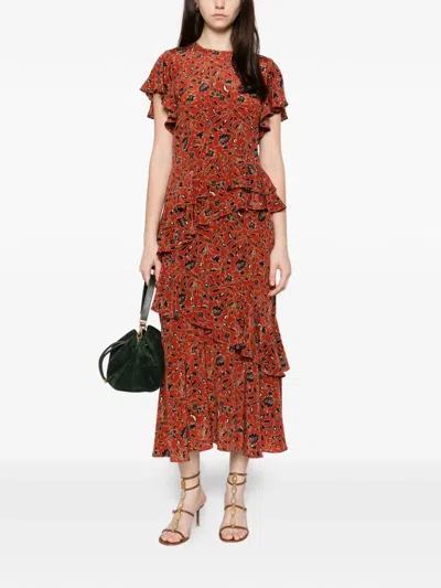 Ulla Johnson Amaia Ruffled Floral Midi Dress In Brown