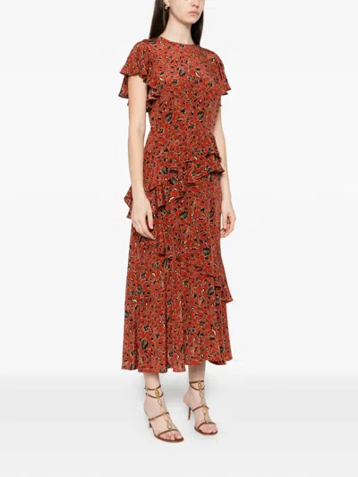 Ulla Johnson Amaia Ruffled Floral Midi Dress In Brown