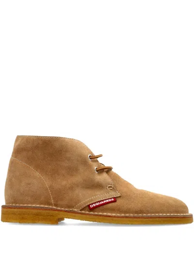 Dsquared2 Men Beige Laced-up Shoes With Logo Patch On The Side In Suede Man In Brown