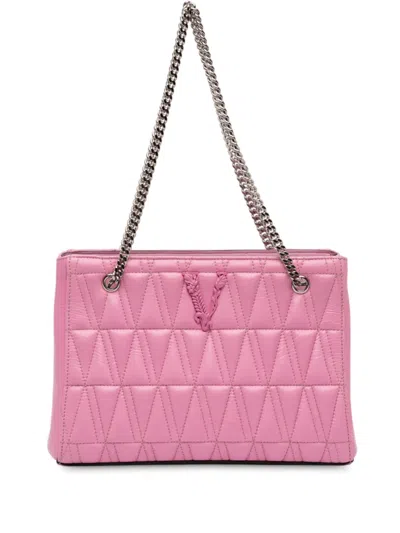 Pre-owned Versace 2000-2025 Quilted Leather Virtus Tote Bag In Pink
