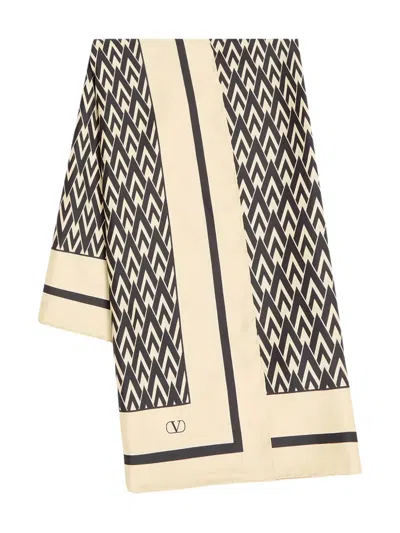 Valentino Fringed Printed Silk-twill Scarf In Black