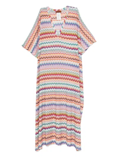 Missoni Long Caftan Cover-up With Micro Pixel-effect Zigzag Pattern In Multi