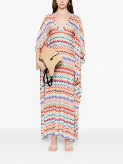 Missoni Long Caftan Cover-up With Micro Pixel-effect Zigzag Pattern In Multi