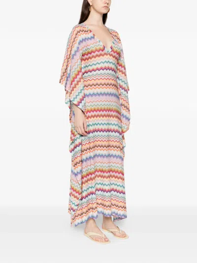 Missoni Long Caftan Cover-up With Micro Pixel-effect Zigzag Pattern In Multi
