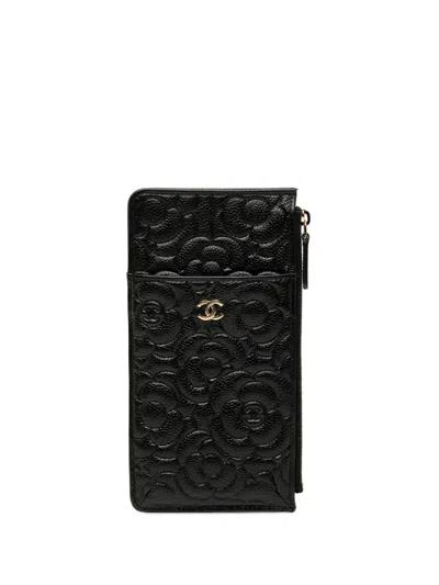 Pre-owned Chanel 2019 Cc Embossed Caviar Camellia Flat Wallet Pouch Phone Case In Black