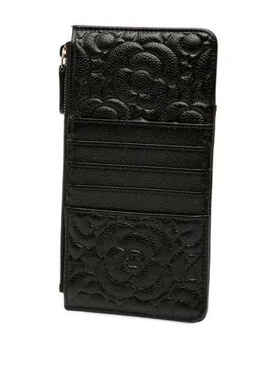 Pre-owned Chanel 2019 Cc Embossed Caviar Camellia Flat Wallet Pouch Phone Case In Black
