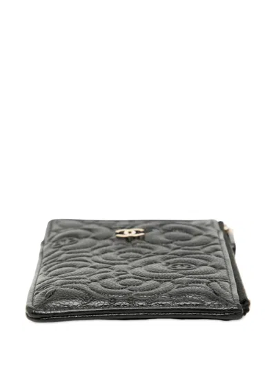 Pre-owned Chanel 2019 Cc Embossed Caviar Camellia Flat Wallet Pouch Phone Case In Black