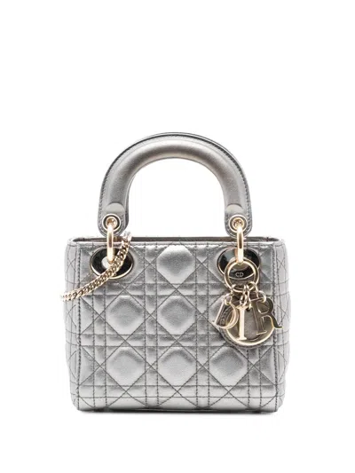 Pre-owned Dior 2018 Mini Metallic Lambskin Cannage Lady  Satchel In Silver