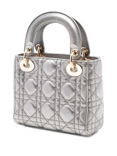 Pre-owned Dior 2018 Mini Metallic Lambskin Cannage Lady  Satchel In Silver