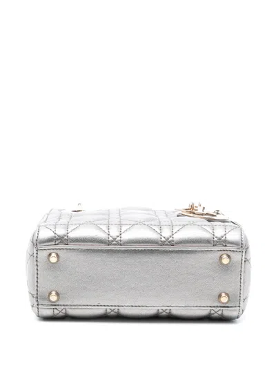 Pre-owned Dior 2018 Mini Metallic Lambskin Cannage Lady  Satchel In Silver