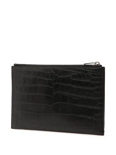 Pre-owned Saint Laurent 2016 Crocodile Embossed Leather Zipped Tablet Holder Clutch Bag In Black