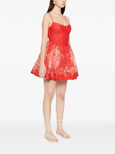 Zimmermann Rebellion Lace-up Floral Mini Dress In Red
