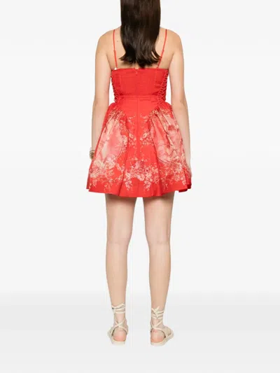 Zimmermann Rebellion Lace-up Floral Mini Dress In Red