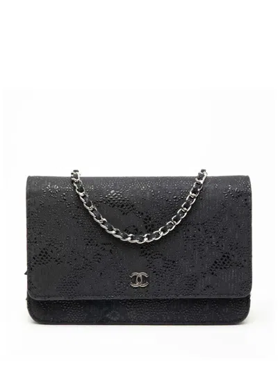 Pre-owned Chanel 2013-2014 Cc Lace Overlay Goatskin Wallet On Chain Crossbody Bag In Blue