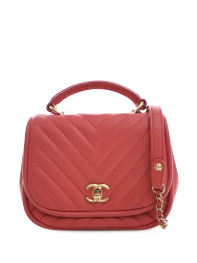 Pre-owned Chanel 2017-2018 Mini Cc Chevron Lambskin Reversed Round Flap Satchel In Pink