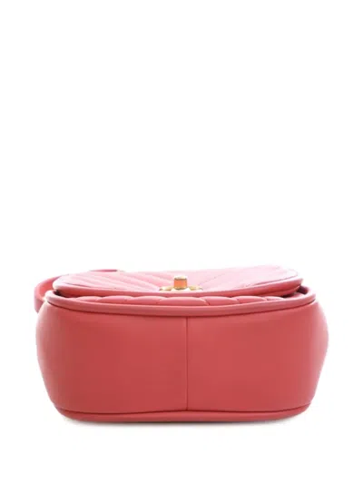 Pre-owned Chanel 2017-2018 Mini Cc Chevron Lambskin Reversed Round Flap Satchel In Pink