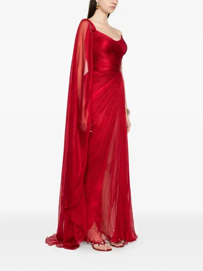 Iris Serban Clarice Asymmetric-sleeve Draped Maxi Dress In Red