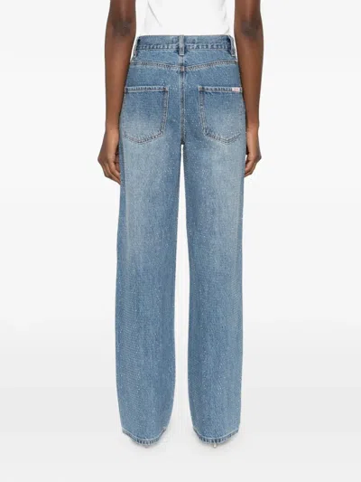 Self-portrait Rhinestone Denim Straight Leg Jeans In Blue