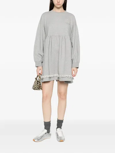 Ganni Lace-trim Mini Dress In Gray