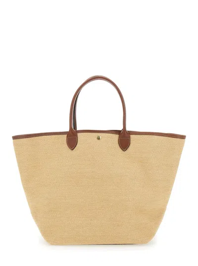Longchamp Le Panier Pliage L Brown Handbag With Logo Embossed On The Front In Mixed Fabric And Leather Woman In Brown