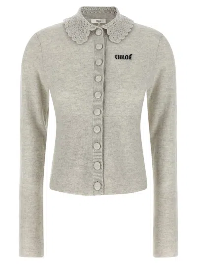 Chloé Embroidered-logo Cardigan In Gray
