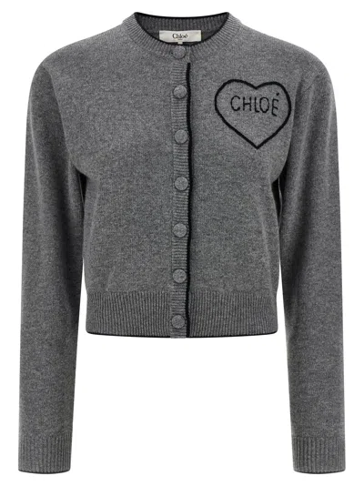 Chloé Wool And Cashmere Cardigan With Logo Knitwear Grey In Gray