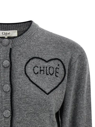 Chloé Wool And Cashmere Cardigan With Logo Knitwear Grey In Gray